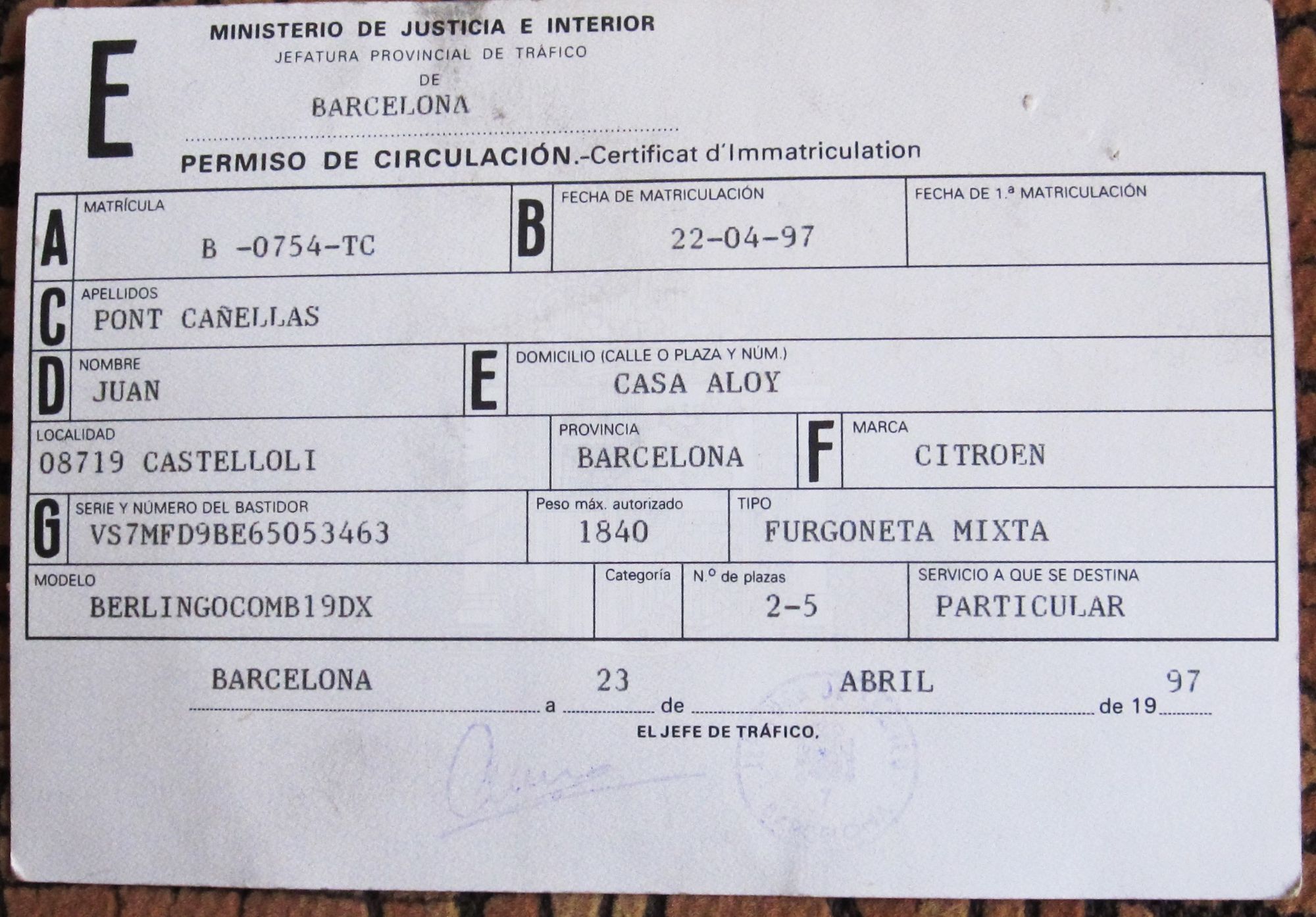 Foto del CITROEN Berlingo Combi 1.9D X