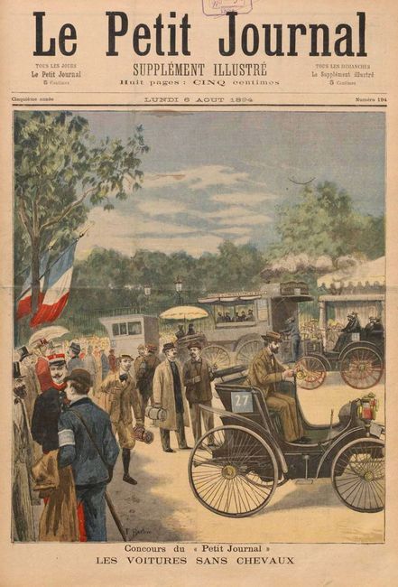 Le-Petit-Journal-1894-Paris-Rouen-Concours-des-Voitures-sans-Chevaux-Worlds-1st-motor-car-race-France-front-page-old-newspaper-Peugeot-driver-Louis-Rigoulot